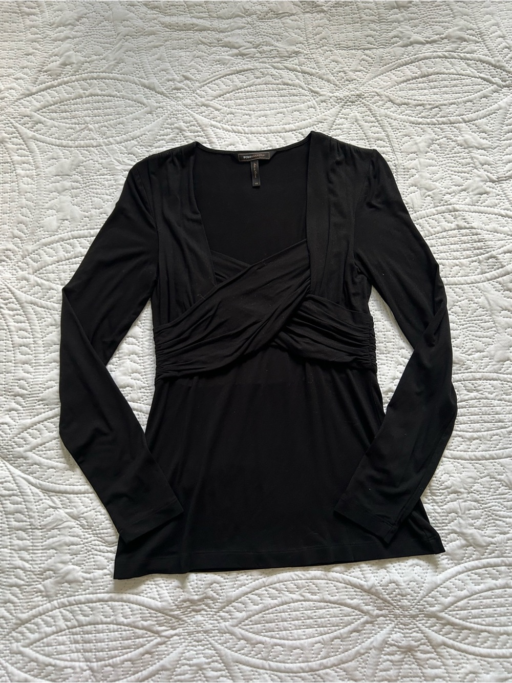 BCBG Max Azria Black Twist Front Long Sleeve Top Designer Stretch Blouse